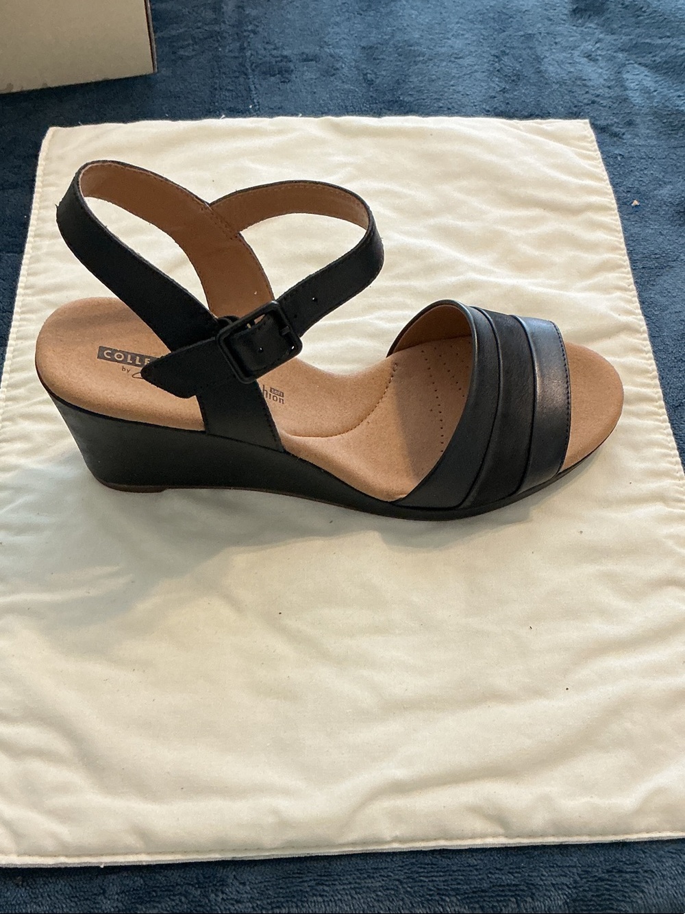 Clarks Black Leather Ankle-Strap Wedge Sandal